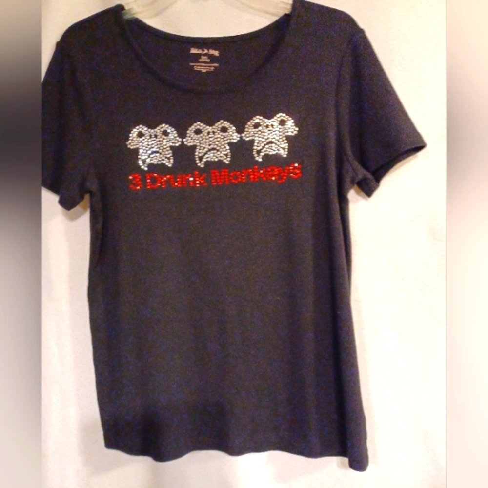 Monkey T-Shirt Black w/ Rhinestones Drunk Monkeys